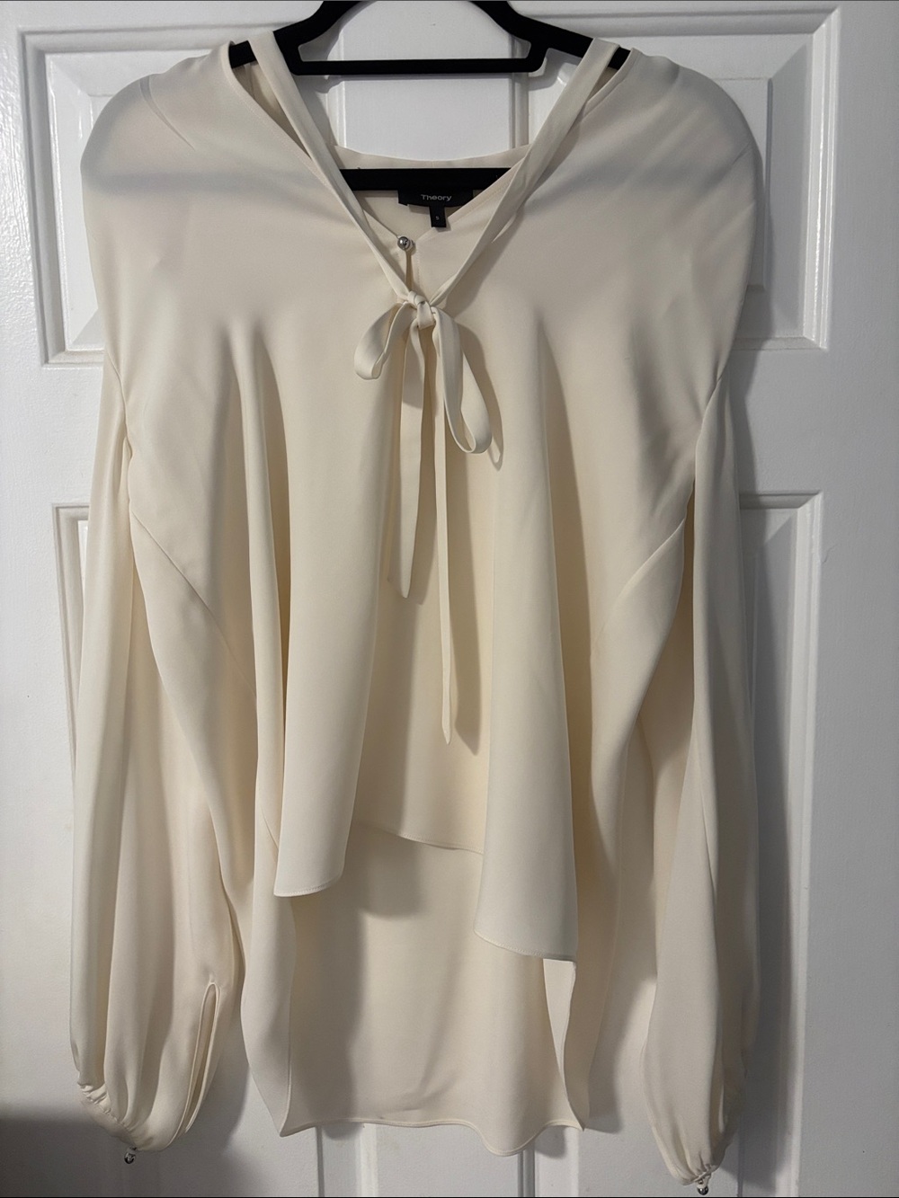 Theory Women’s Ivory Tie-Neck Long Sleeve Blouse Size Small